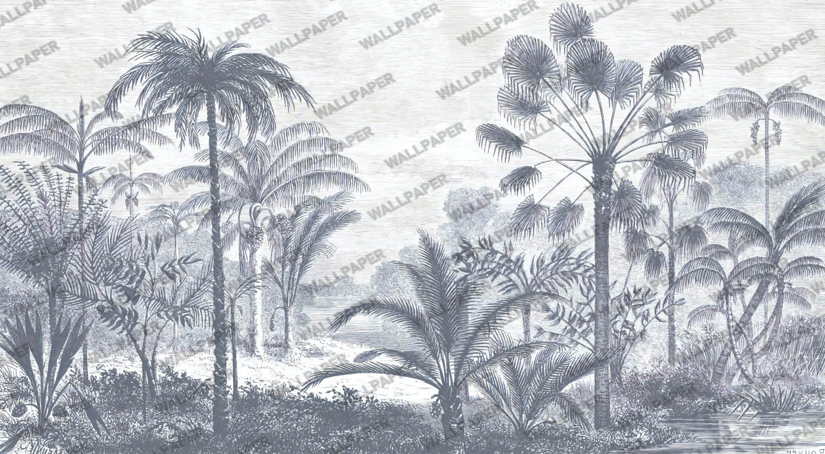Blue Banana Palm Wallpaper : Grey Engraved Tropical Mural - flat design