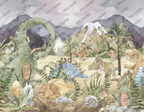 Dinosaur Safari Wallpaper : Watercolor Prehistoric Kids Mural - flat design