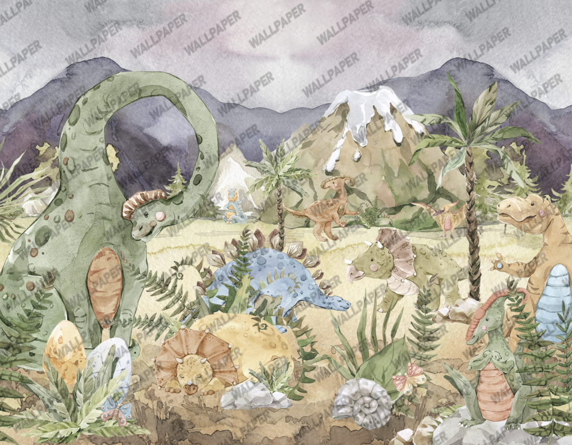 Dinosaur Safari Wallpaper : Watercolor Prehistoric Kids Mural - flat design