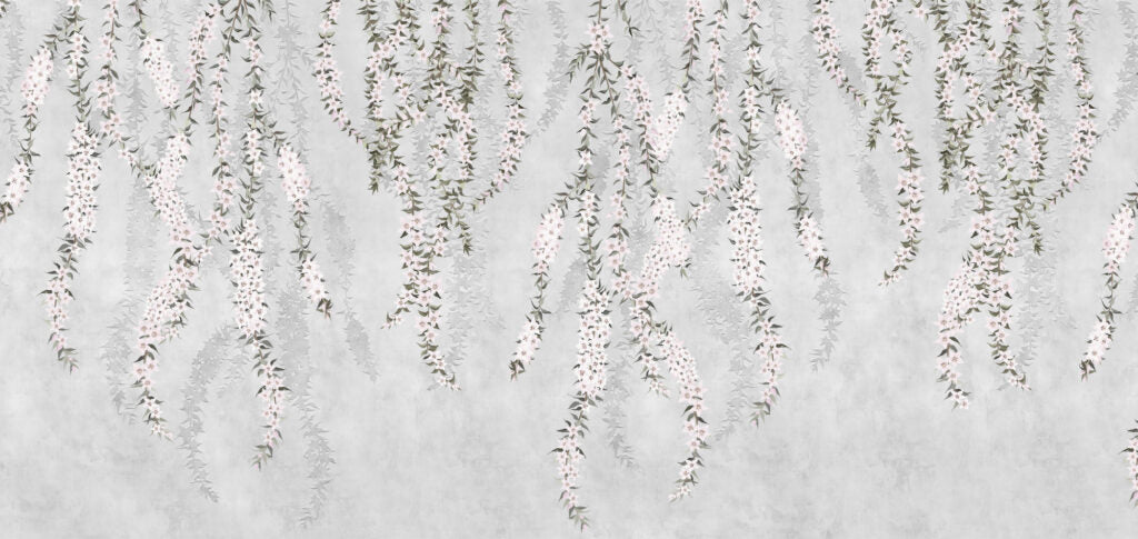 Hanging Wisteria Wallpaper : Soft Grey Trailing Flowers Mural - flat design