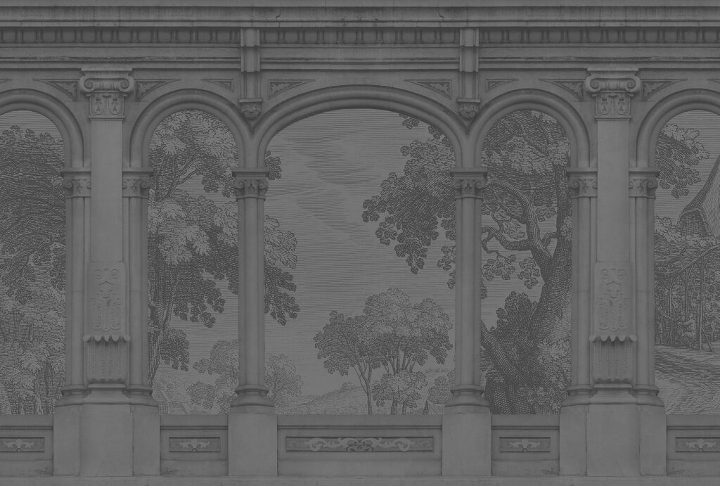Charcoal Arches Wallpaper : Classical Colonnade Garden View Mural - flat design