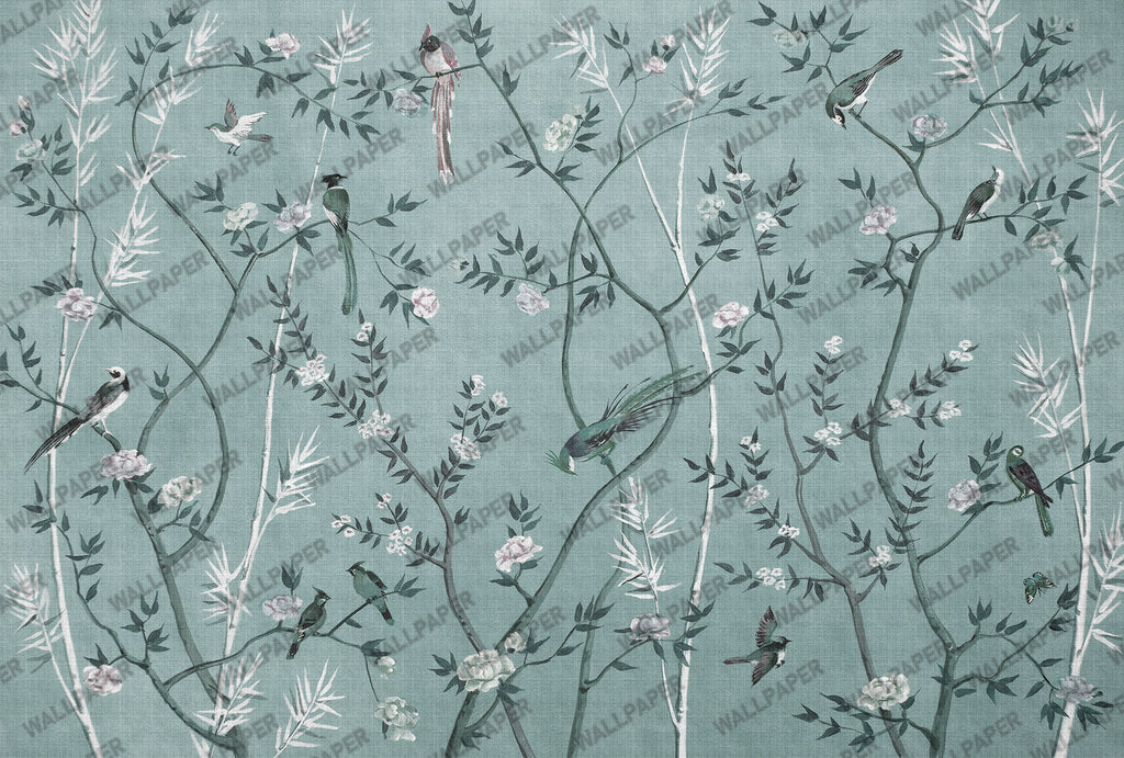 Teal Country Floral Wallpaper : Chinoiserie Bird Linen Mural - View 2
