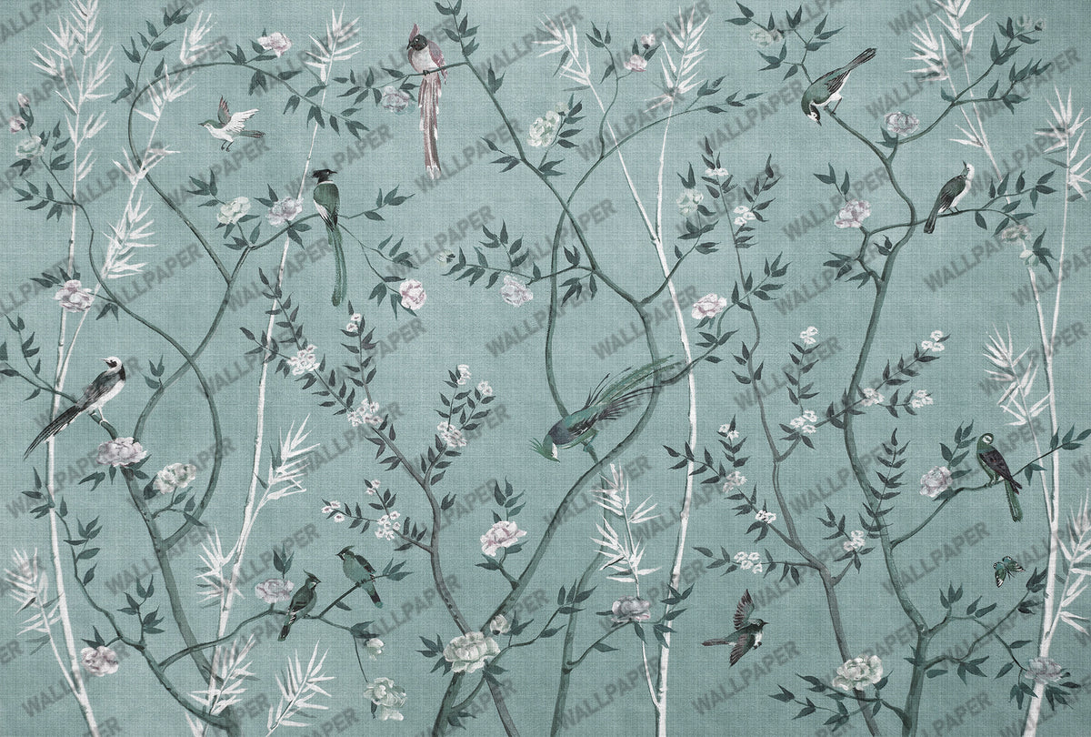 Teal Country Floral Wallpaper : Chinoiserie Bird Linen Mural - View 2