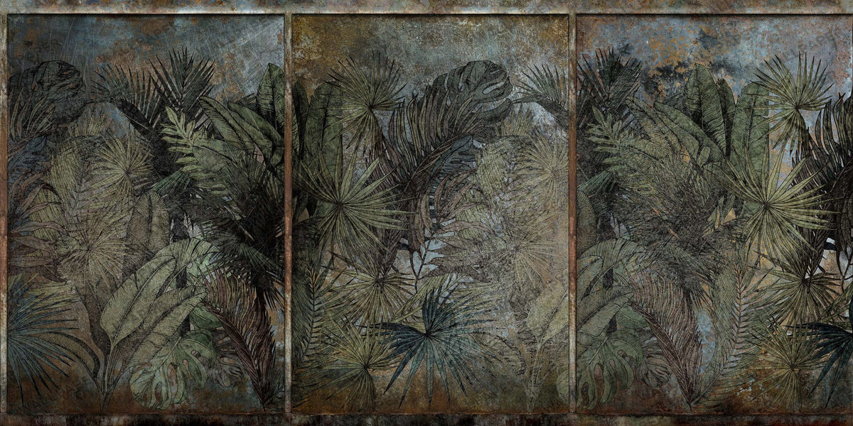 Distressed Palm Leaf Wallpaper : Sketched Tropical Frond Mural - View 2