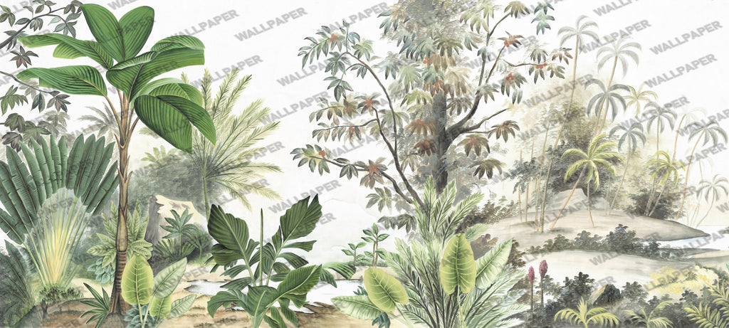Green Tropical Tree Wallpaper : Watercolor Forest Mural - flat design