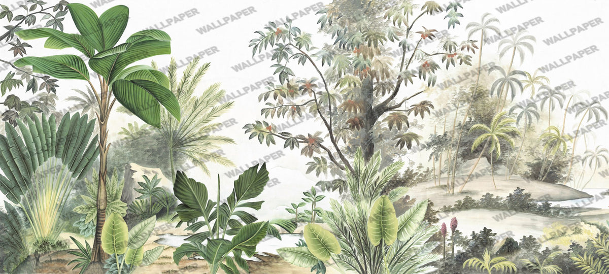Green Tropical Tree Wallpaper : Watercolor Forest Mural - flat design