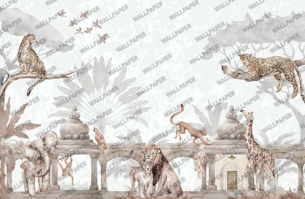 Lions in the Garden Wallpaper : Classical Arches Animal Mural - View 2