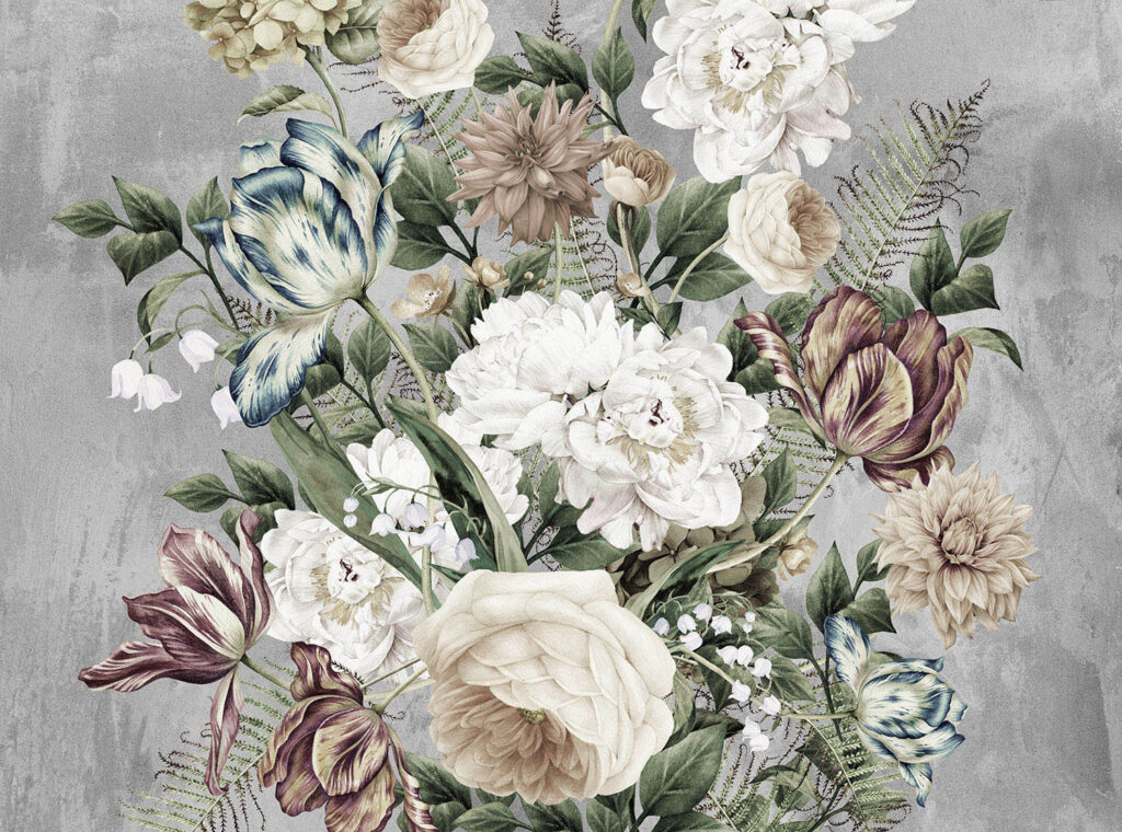 White Peony Bouquet Wallpaper : Grey Vintage Floral Mural - flat design