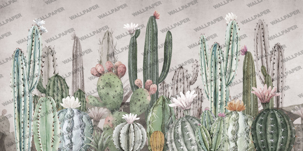 Cactus Garden Wallpaper : Watercolor Succulent Mural - flat design
