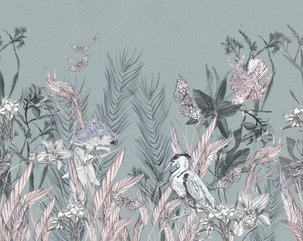 Misty Fern Garden Wallpaper : Sage Botanical Birds Mural - flat design