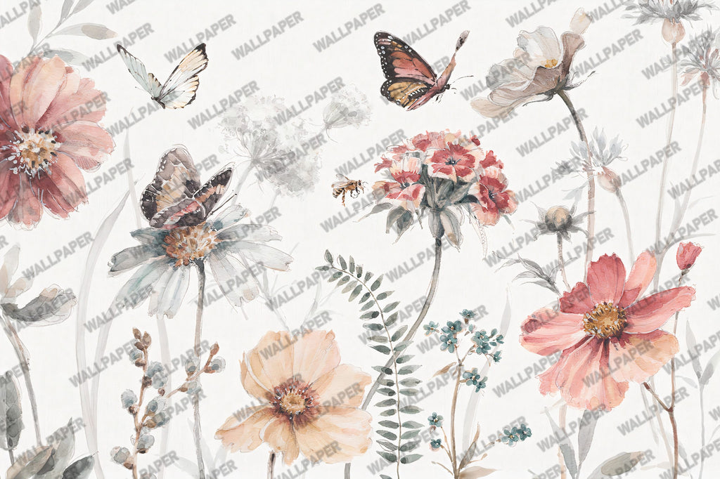 Wildflower Butterfly Wallpaper : Daisy Meadow Floral Mural - flat design