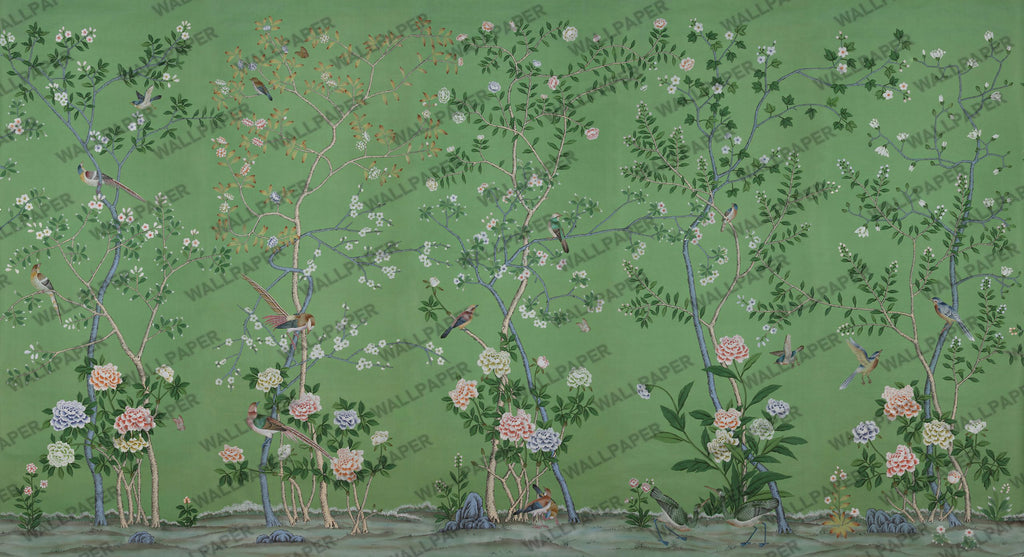 Green Chinoiserie Wallpaper : Blossom Branch Bird Mural - flat design