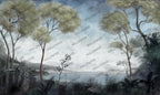 Misty Lake Wallpaper : Blue Grey Tree Landscape Mural - View 2