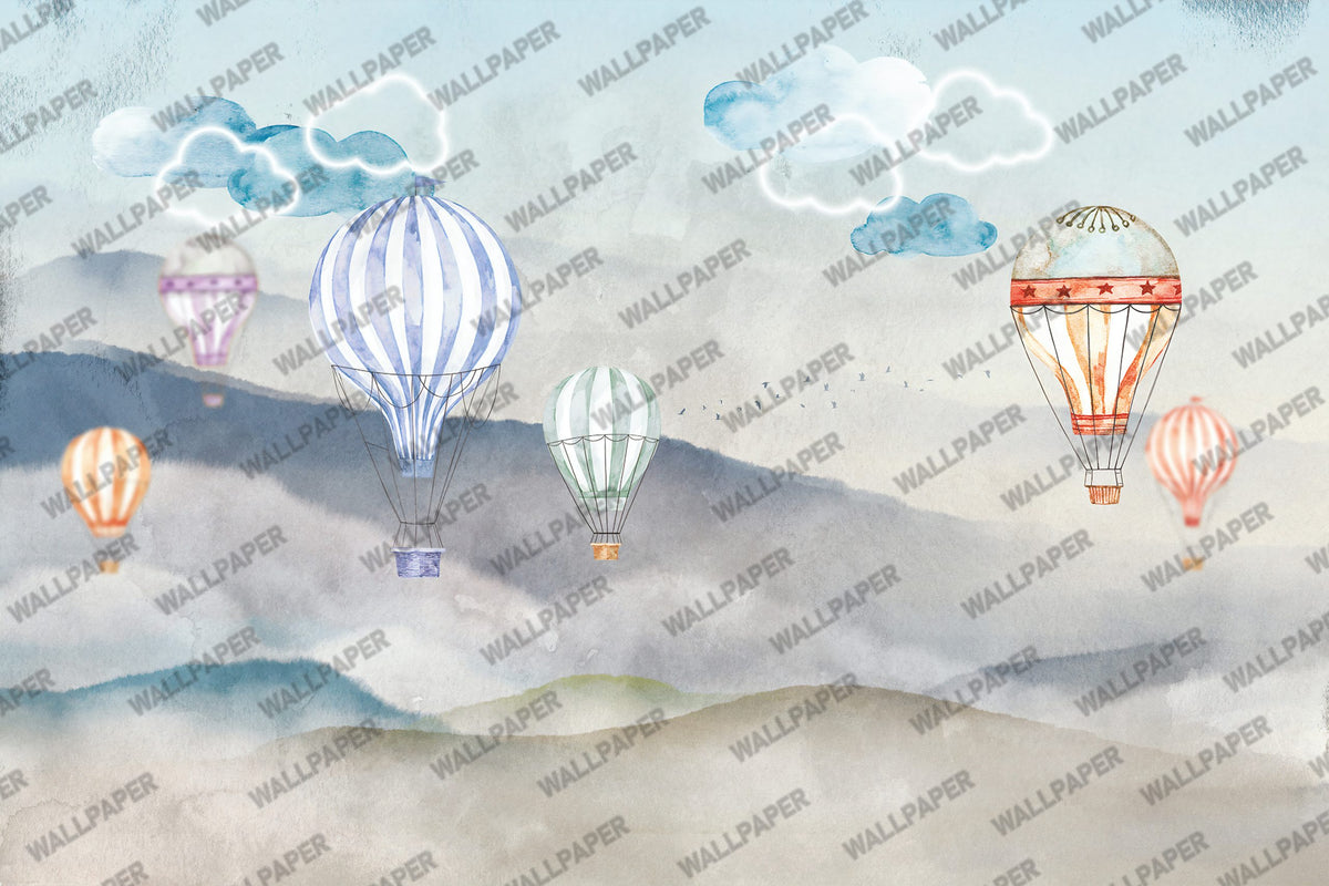 Watercolor Hot Air Balloon Wallpaper : Pastel Hills Kids Mural - flat design