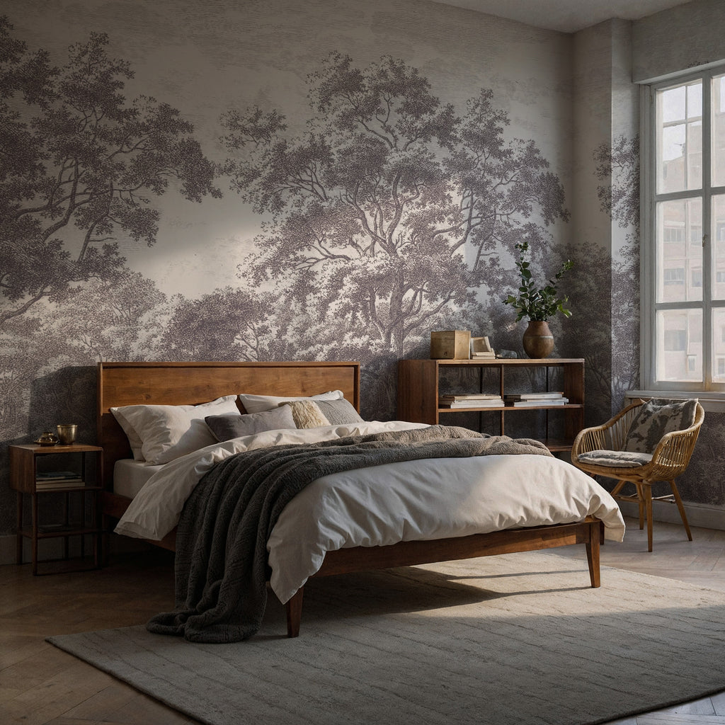 Grey Toile Forest Wallpaper : Engraved Lonely Woodland Mural