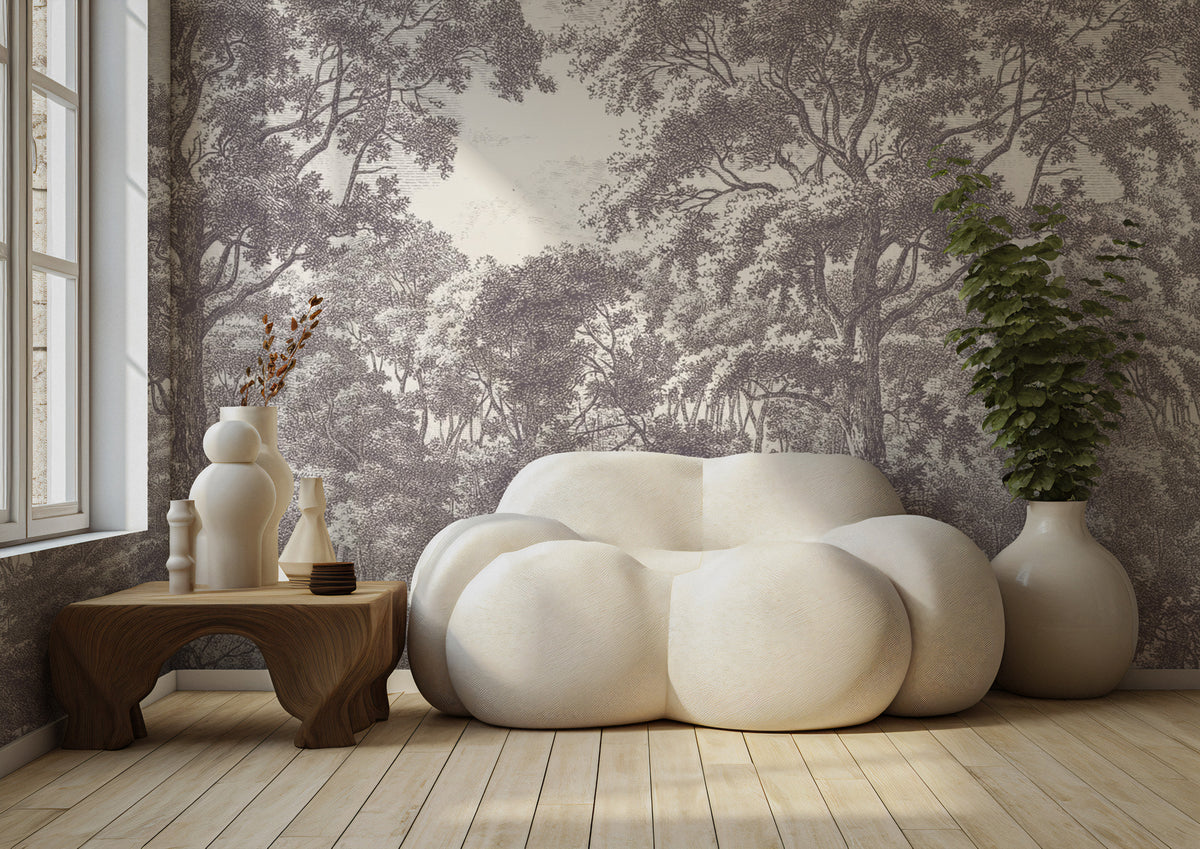 Grey Toile Forest Wallpaper : Engraved Lonely Woodland Mural - View 3