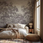 Grey Toile Forest Wallpaper : Engraved Lonely Woodland Mural - View 4