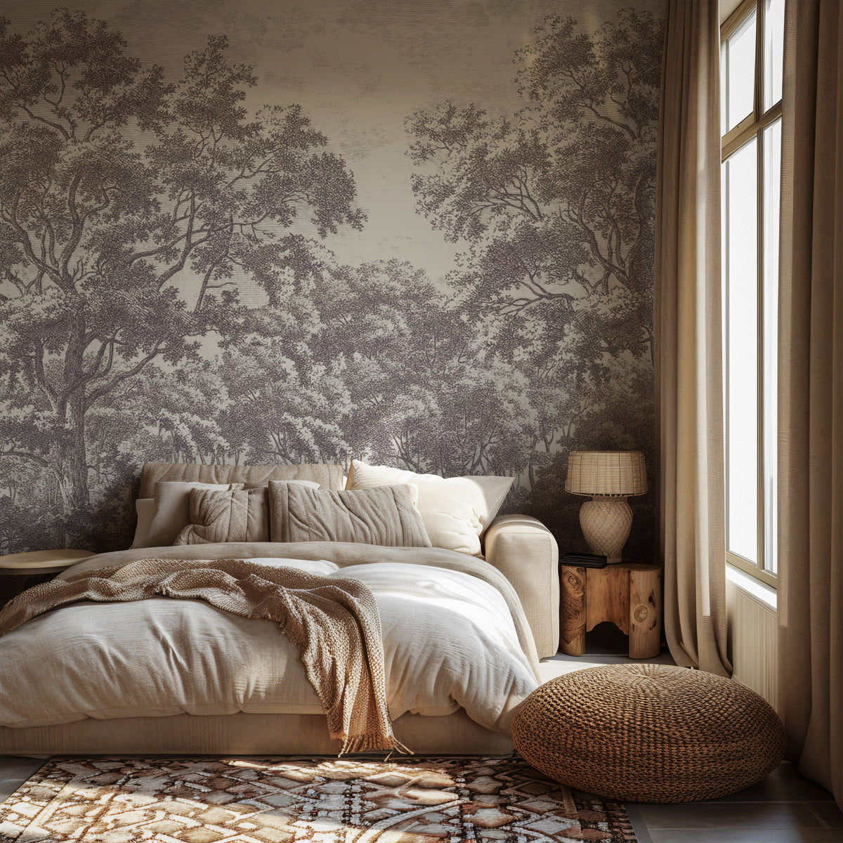 Grey Toile Forest Wallpaper : Engraved Lonely Woodland Mural - View 4