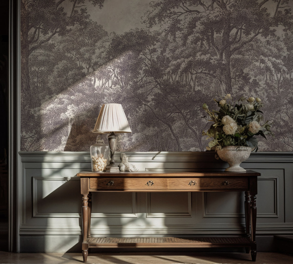 Grey Toile Forest Wallpaper : Engraved Lonely Woodland Mural - View 5