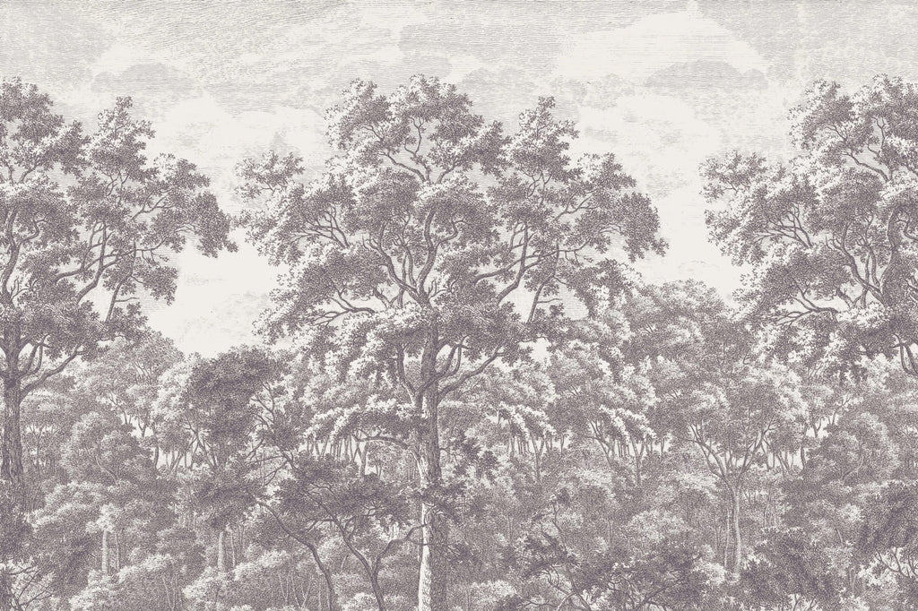 Grey Toile Forest Wallpaper : Engraved Lonely Woodland Mural - View 2