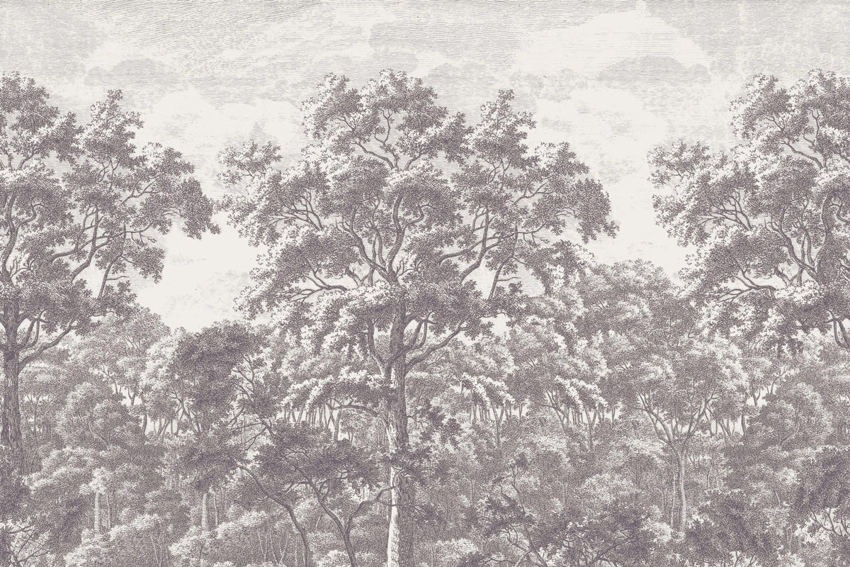 Grey Toile Forest Wallpaper : Engraved Lonely Woodland Mural - View 2