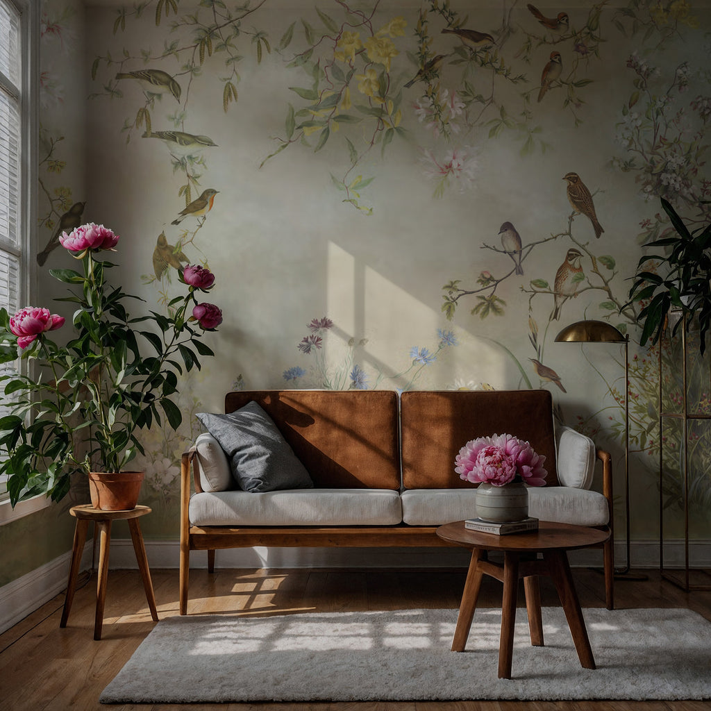Spring Wildflower Wallpaper : Painted Birds and Blooms Mural