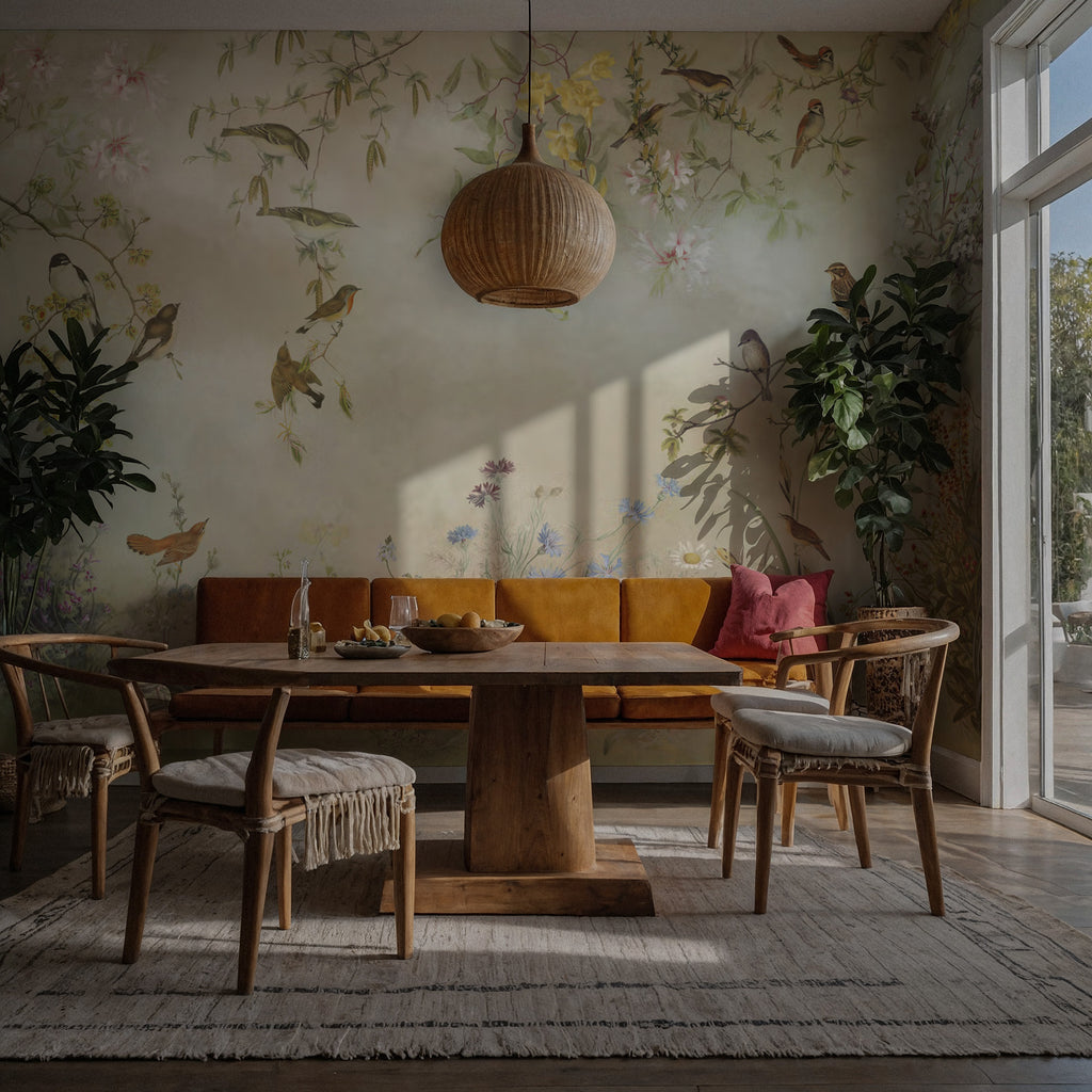 Spring Wildflower Wallpaper : Painted Birds and Blooms Mural - View 3