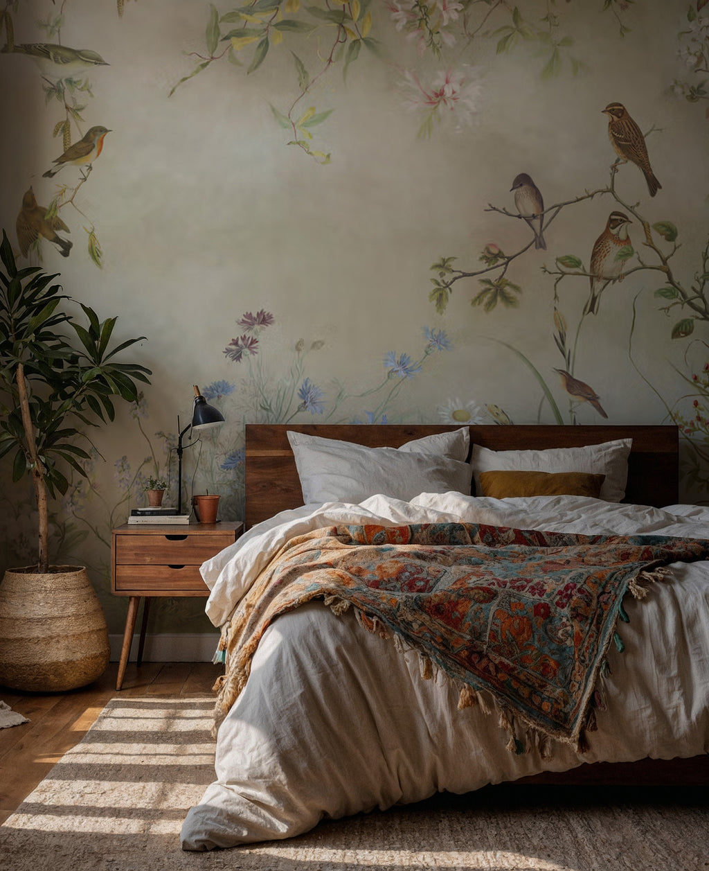 Spring Wildflower Wallpaper : Painted Birds and Blooms Mural - View 5