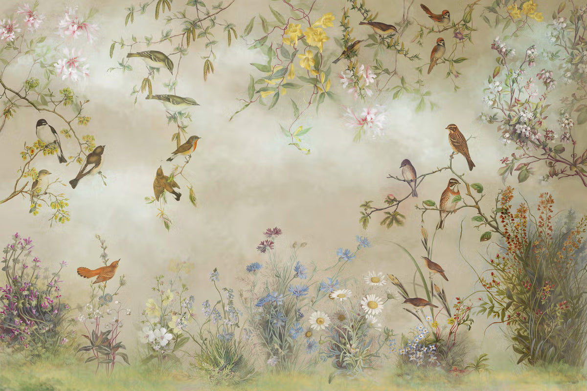 Spring Wildflower Wallpaper : Painted Birds and Blooms Mural - View 2