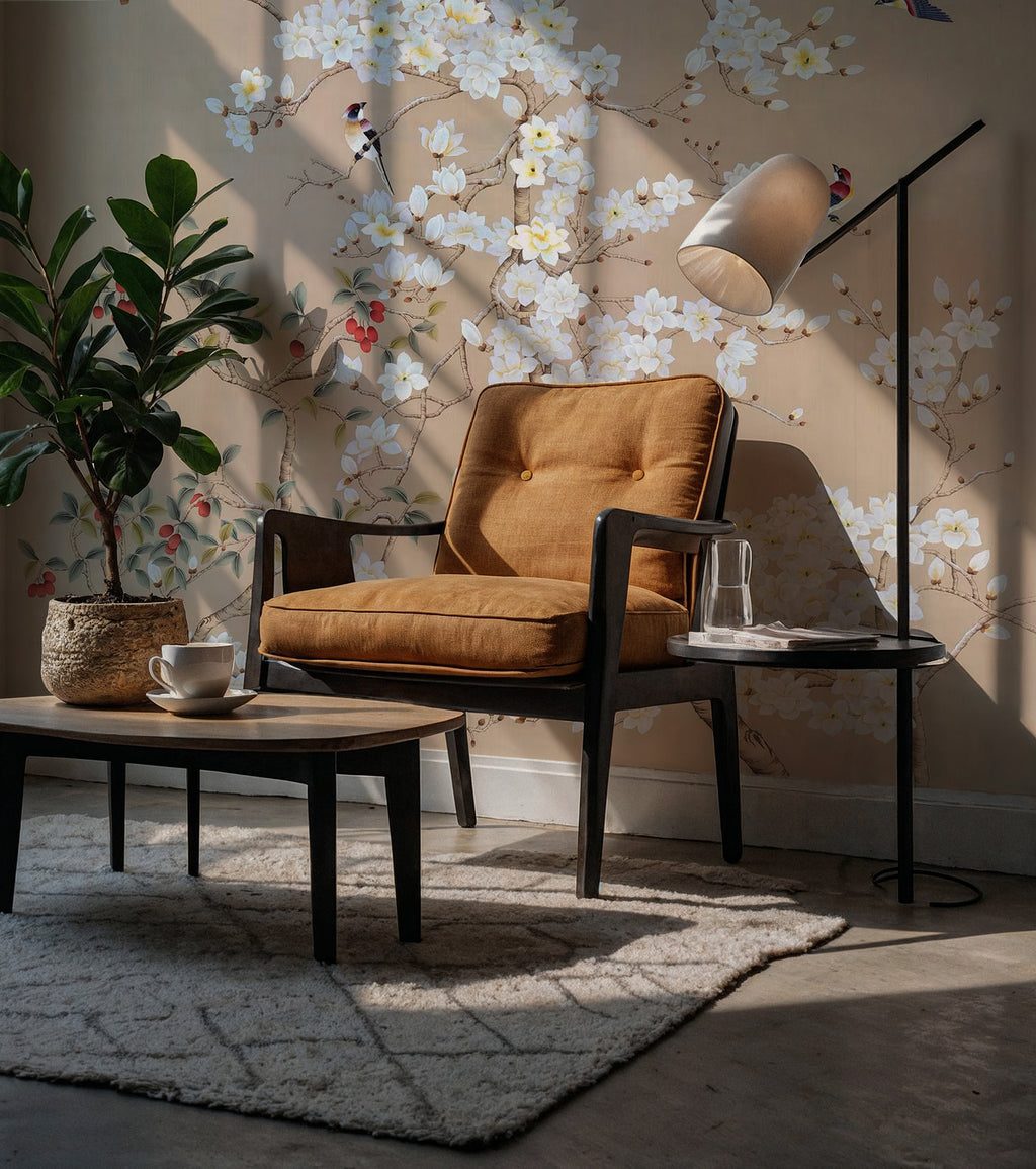 Beige Magnolia Branch Wallpaper : Spring Blossom and Bird Mural