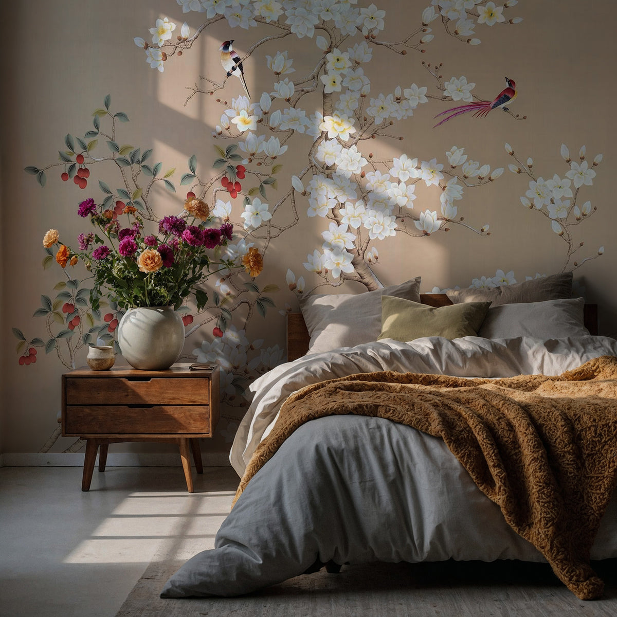 Beige Magnolia Branch Wallpaper : Spring Blossom and Bird Mural - View 3