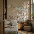 Beige Magnolia Branch Wallpaper : Spring Blossom and Bird Mural - View 4
