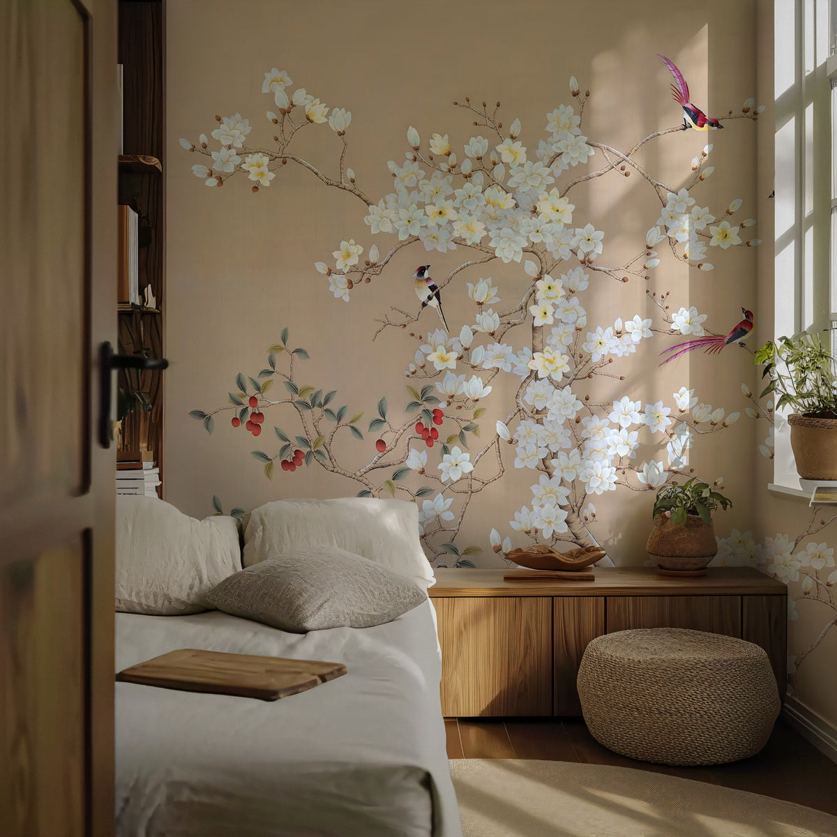 Beige Magnolia Branch Wallpaper : Spring Blossom and Bird Mural - View 4
