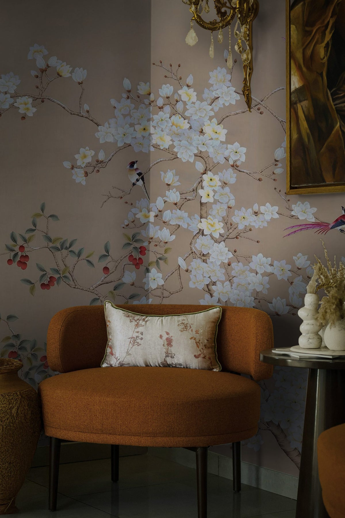 Beige Magnolia Branch Wallpaper : Spring Blossom and Bird Mural - View 5