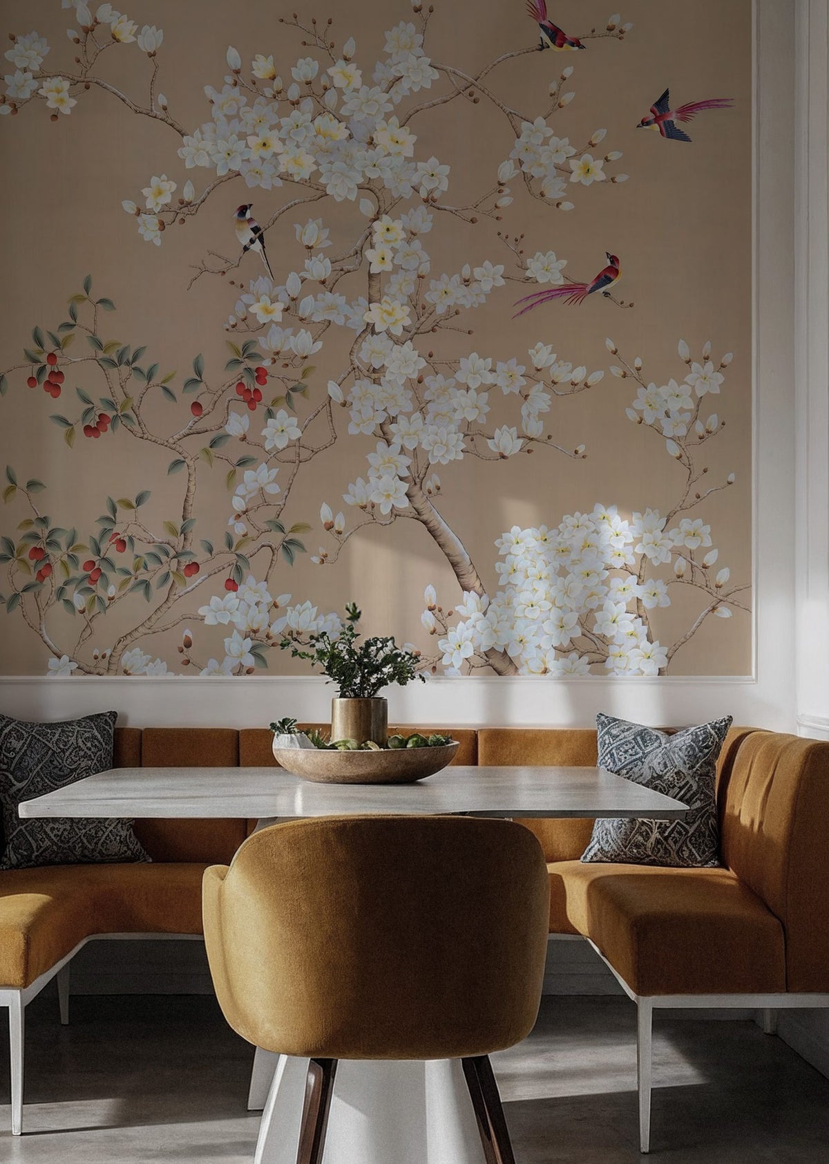 Beige Magnolia Branch Wallpaper : Spring Blossom and Bird Mural - View 6