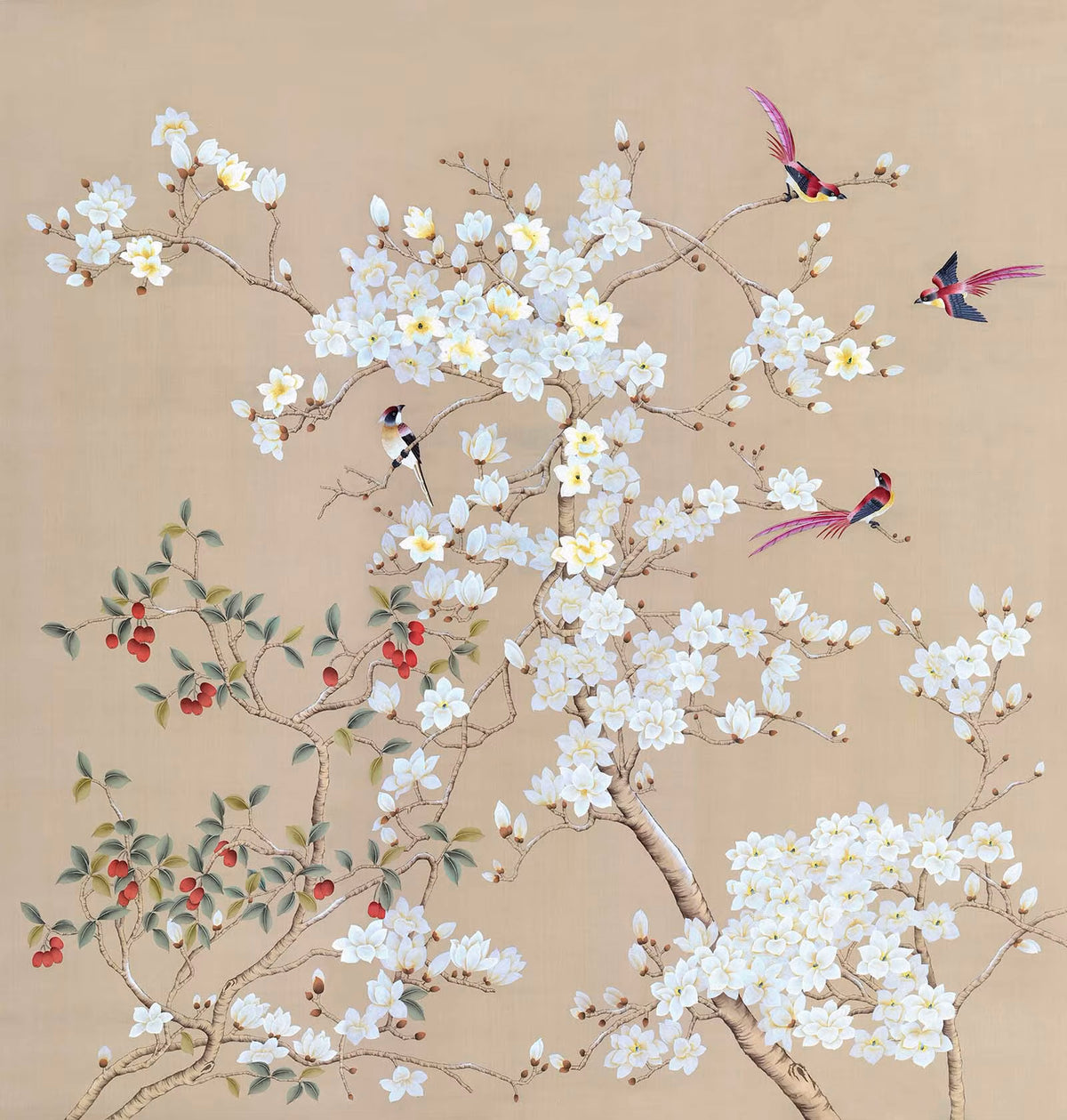 Beige Magnolia Branch Wallpaper : Spring Blossom and Bird Mural - View 2