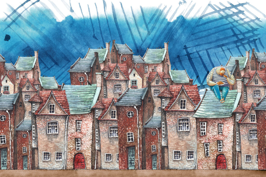 Storybook Town Wallpaper : Red Brick Houses Watercolor Mural - flat design