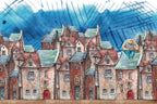 Storybook Town Wallpaper : Red Brick Houses Watercolor Mural - flat design