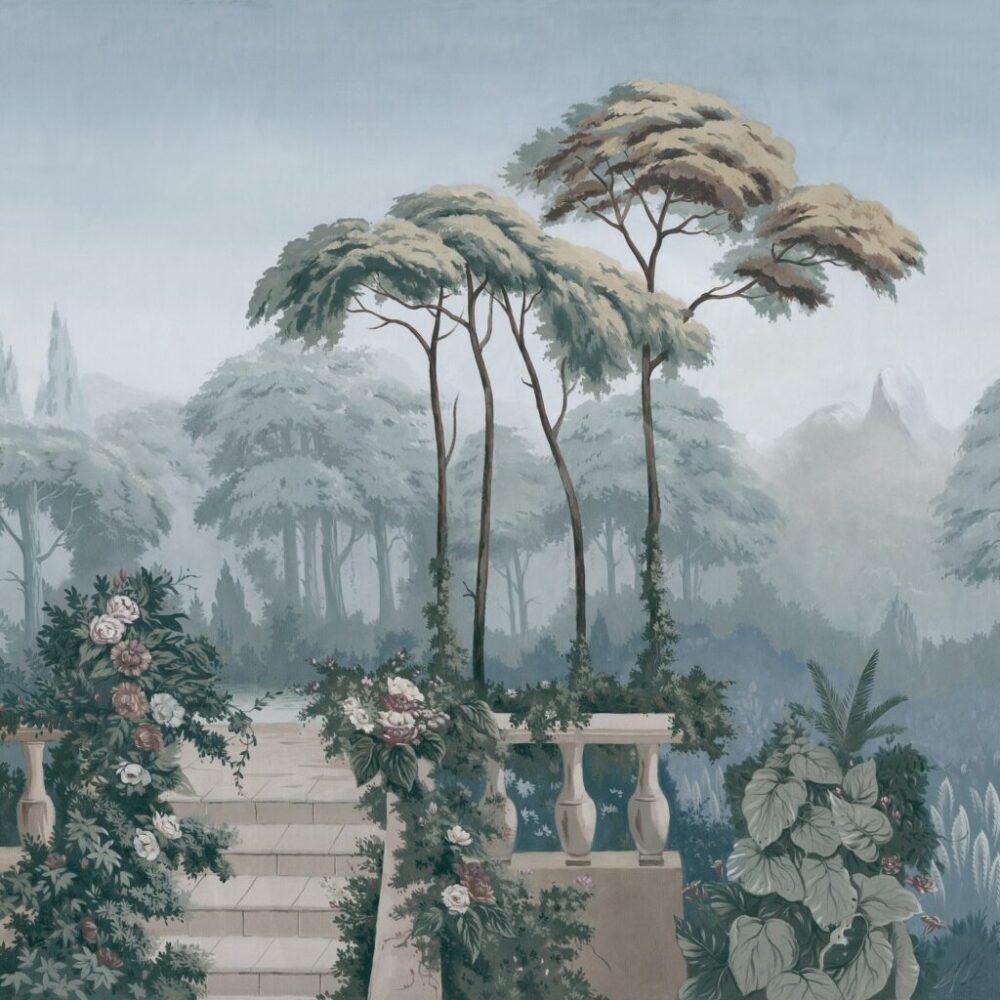 Misty Forest Wallpaper : Grey Green Tree Trunk Mural - View 2
