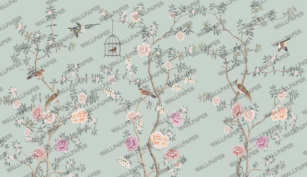 Sage Chinoiserie Bird Wallpaper : Pink Peony Branch Mural - flat design
