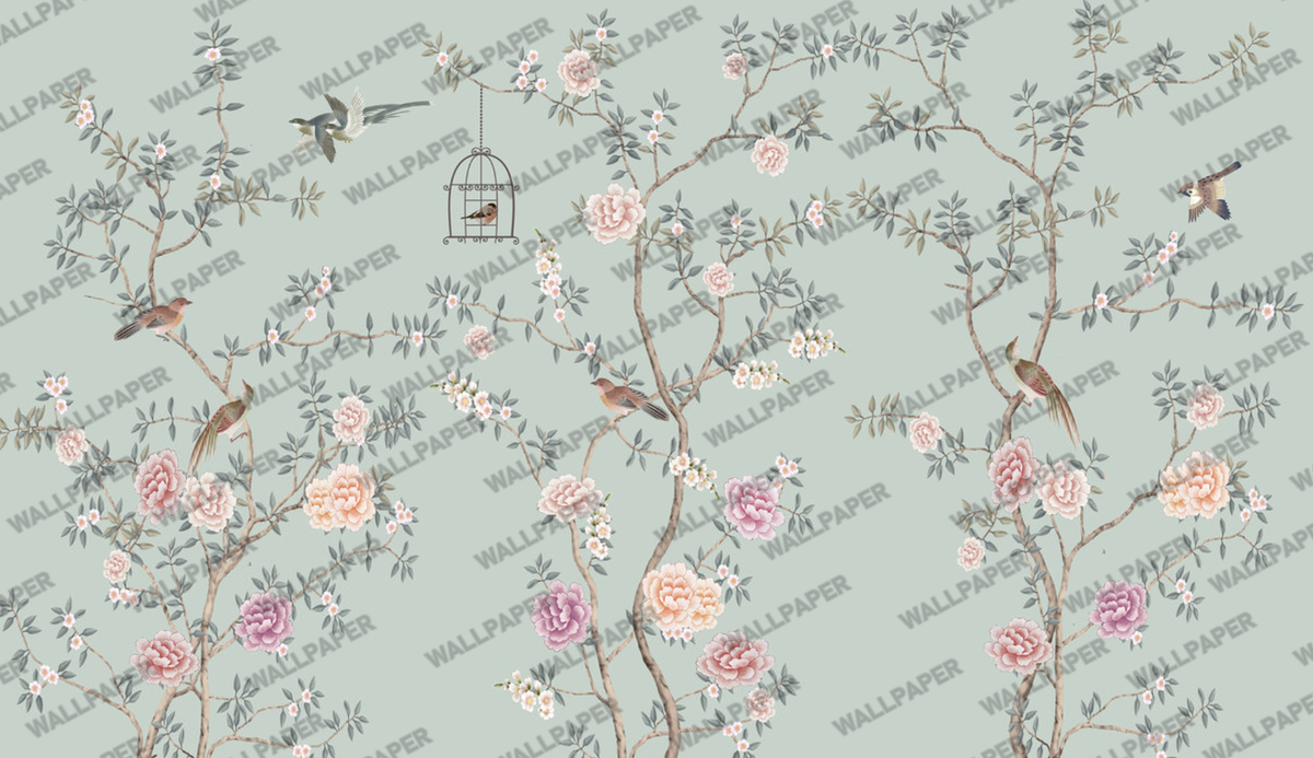 Sage Chinoiserie Bird Wallpaper : Pink Peony Branch Mural - flat design