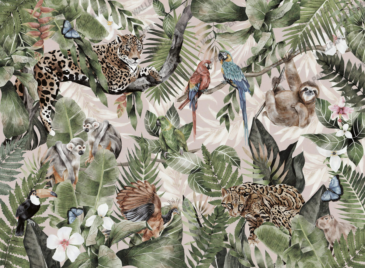 Parrot Jungle Wallpaper : Blush Tropical Safari Mural - View 2