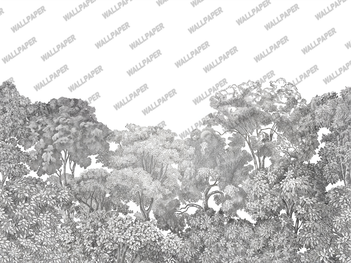 Black and White Treetop Wallpaper : Sketched Forest Canopy Mural - flat design