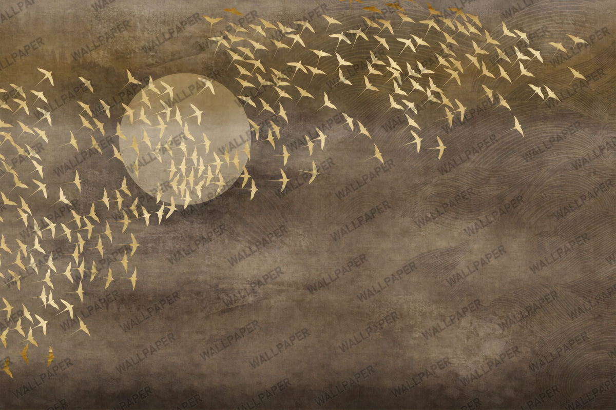 Golden Birds Moon Wallpaper : Brown Mosaic Flight Mural - flat design