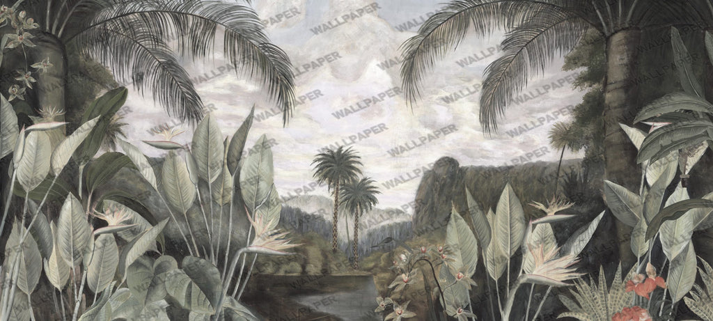 Tropical Lake Wallpaper : Grey Green Vintage Palm Mural - flat design