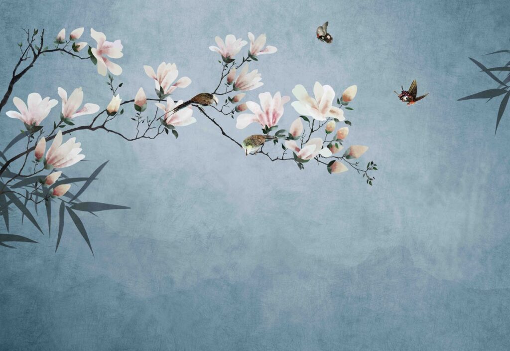 Magnolia Branch Wallpaper : Blue Sky Chinoiserie Bird Mural - flat design