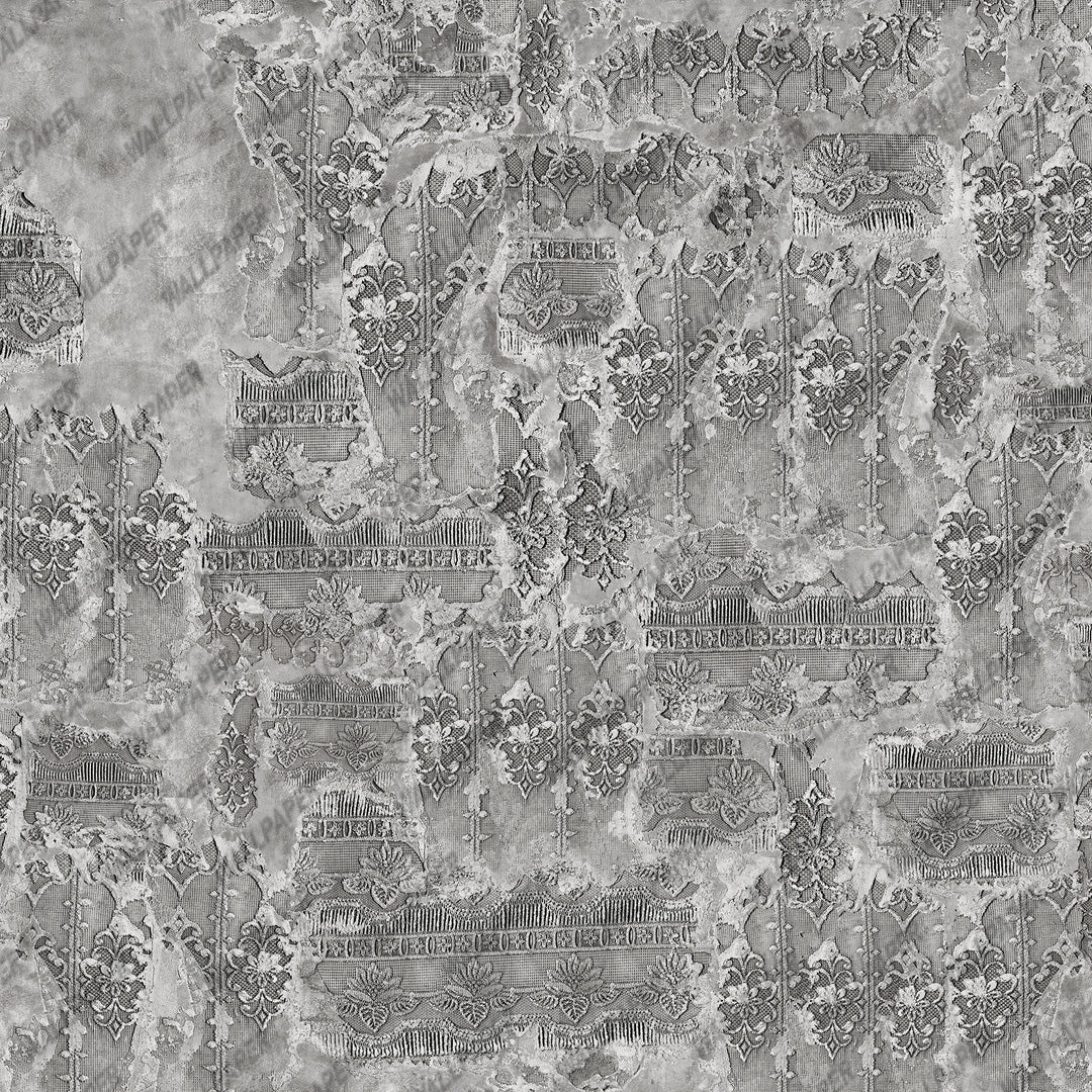 Distressed Lace Concrete Wallpaper : Taupe Plaster Damask Mural - View 3