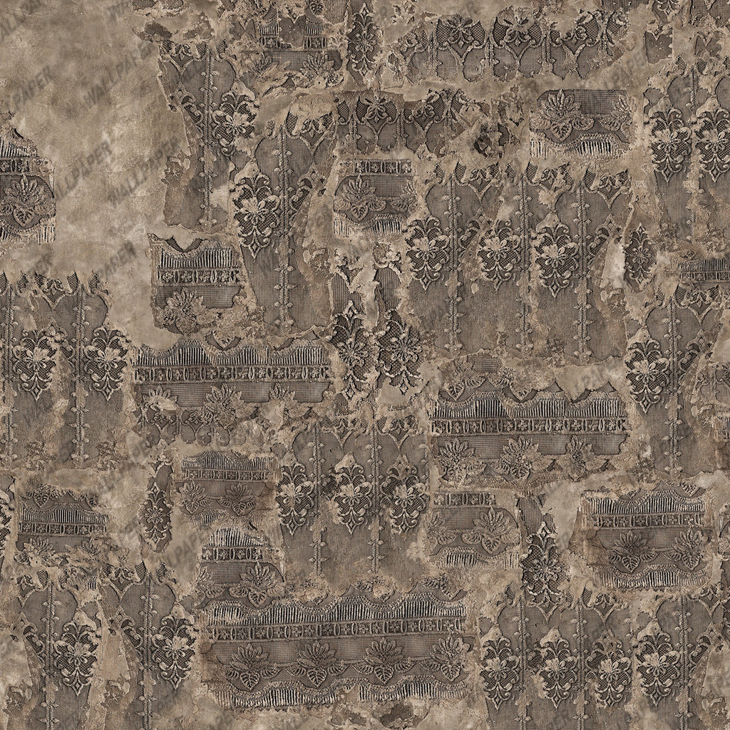 Distressed Lace Concrete Wallpaper : Taupe Plaster Damask Mural - View 2