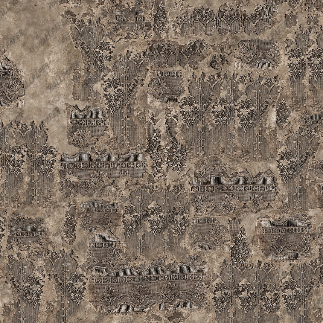 Distressed Lace Concrete Wallpaper : Taupe Plaster Damask Mural - View 2