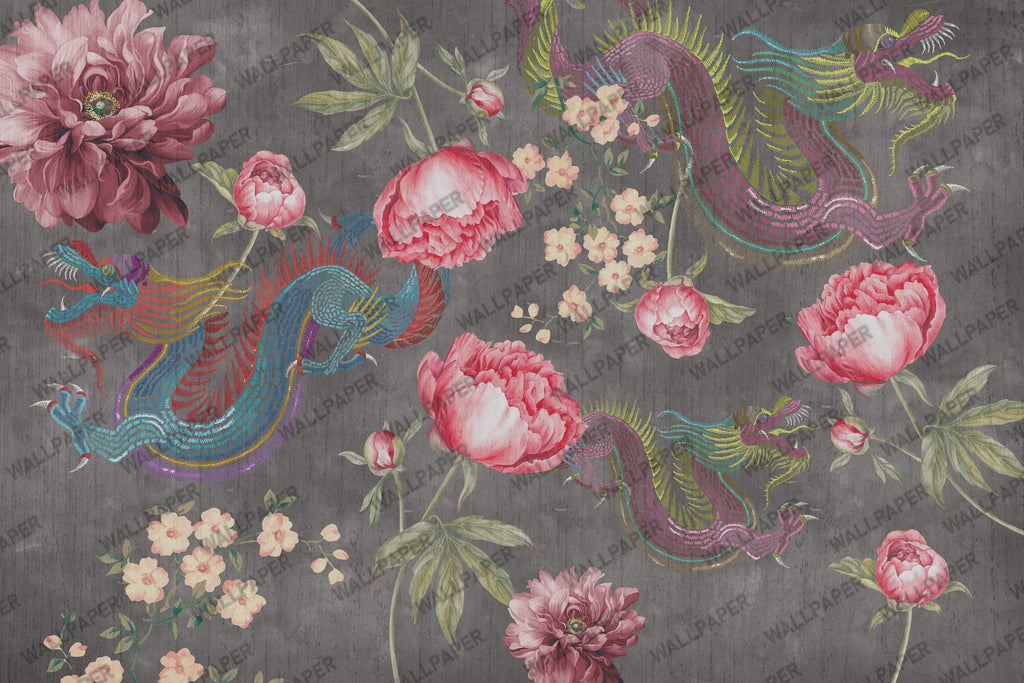 Red Peony Dark Wallpaper : Charcoal Oriental Bird Floral Mural - flat design